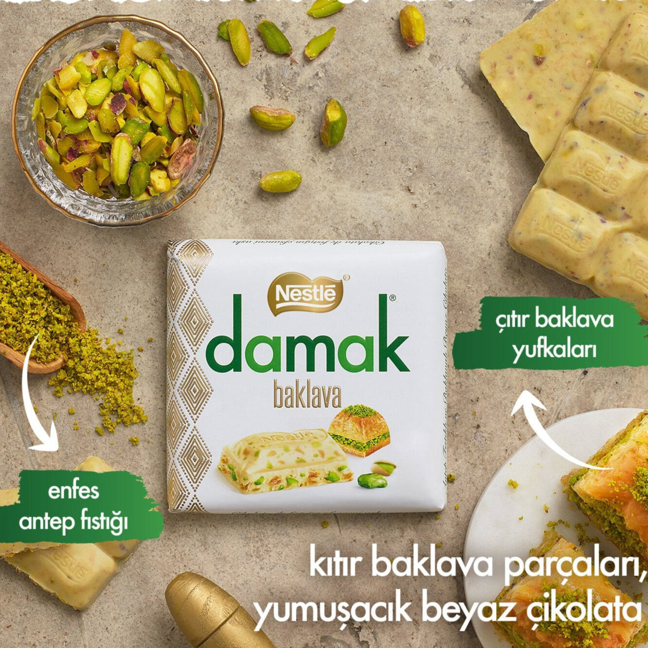 Damak Baklava White Chocolate w/ Pistachio 60g (TURKEY)